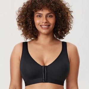 Side angle of light pink front closure bra showing lightly padded seamless cups and straps - MissFine