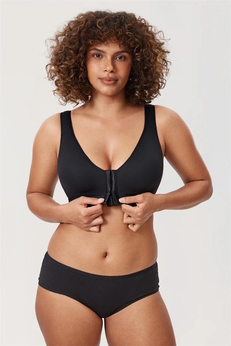 Back view of black bra with X-shaped mesh panel and wide supportive band for posture - MissFine