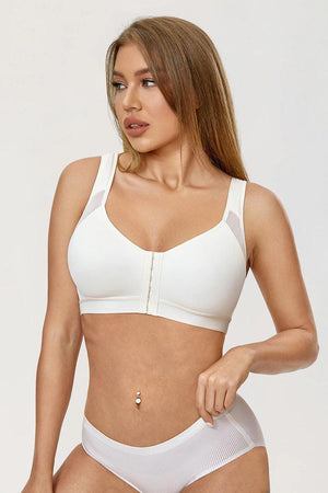 Back view white bra with mesh X-back design and broad band for back support detail - MissFine