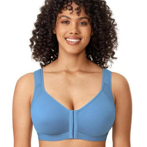 Side angle white front closure bra showing smooth seamless cups and supportive underbust band - MissFine