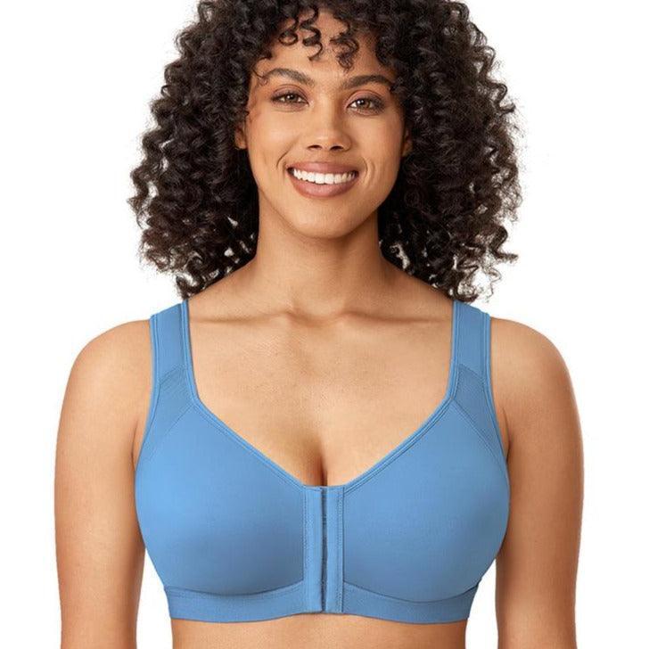 Side angle white front closure bra showing smooth seamless cups and supportive underbust band - MissFine