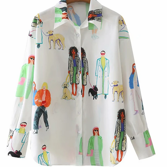 A designer's blouse with lovely illustrations for a trendy feminine look