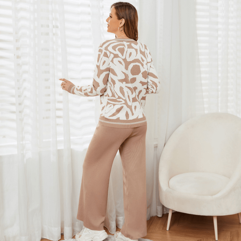 A stunning set of leopard-print cardigan and knit pants for a captivating look