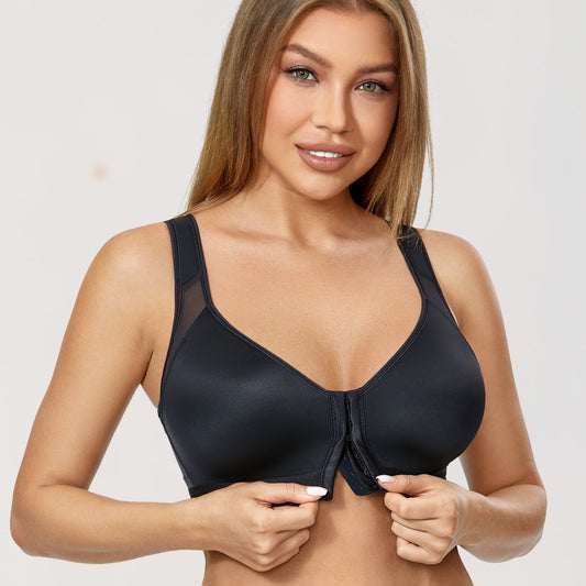 A patented bra that closes in front for an orthopedic grip on the back