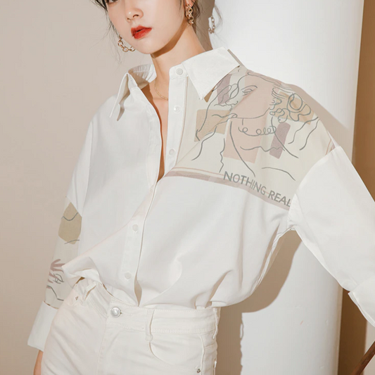 Button-down shirt combined with delicate feminine painting for a mesmerizing look